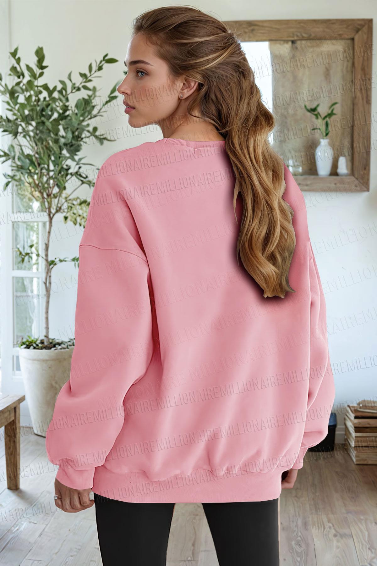 Kadın Pembe Free Life Baskılı Kalın Soft 3 İplik içi Şardonlu 0 Sıfır Yaka Oversize Salaş Sweatshirt