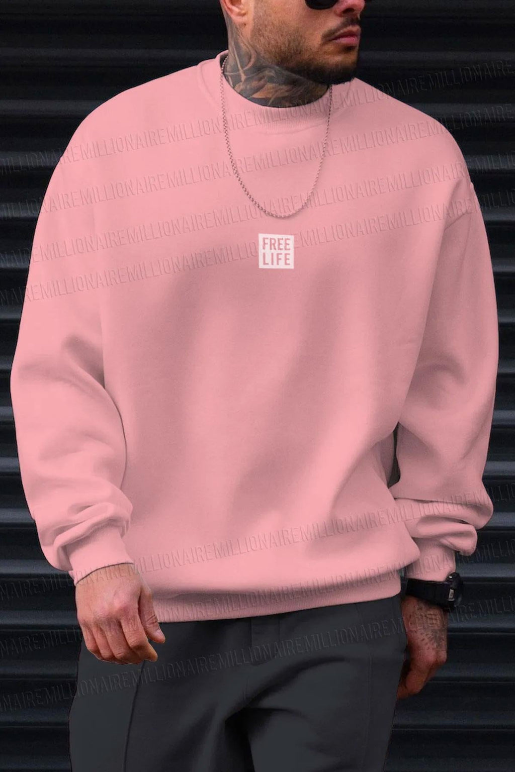 Erkek Pembe Free Life Baskılı Kalın Soft 3 İplik içi Şardonlu 0 Sıfır Yaka Oversize Salaş Sweatshirt