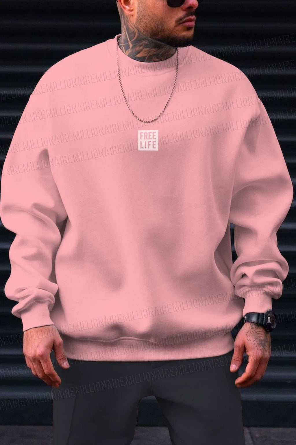 Erkek Pembe Free Life Baskılı Kalın Soft 3 İplik içi Şardonlu 0 Sıfır Yaka Oversize Salaş Sweatshirt
