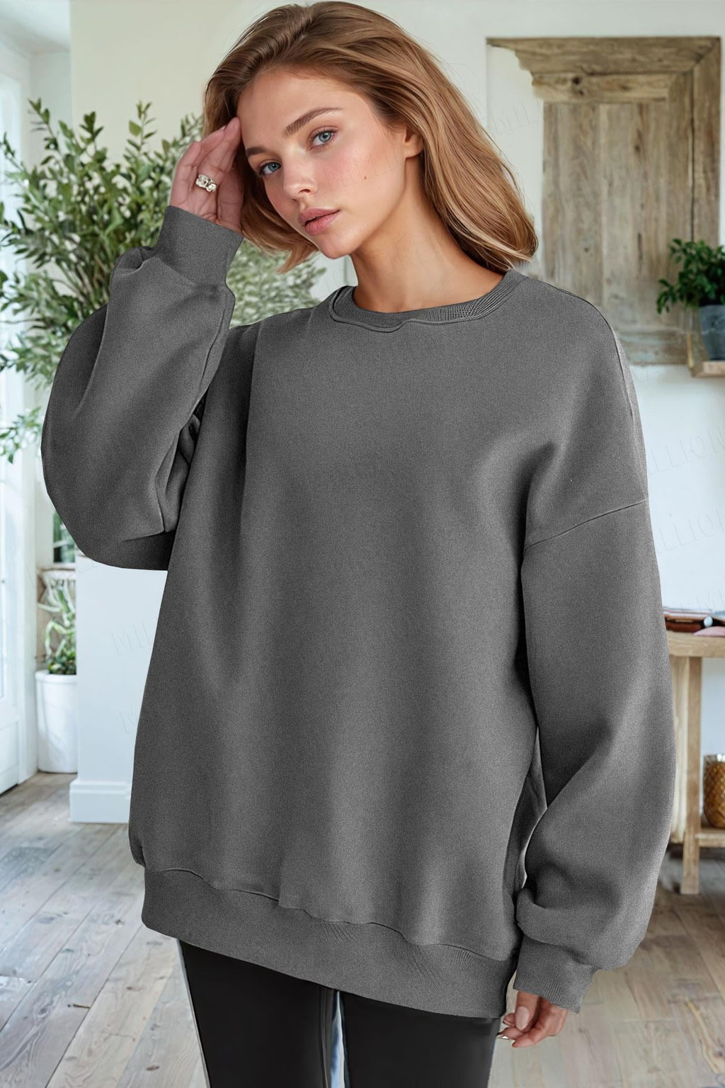 Kadın Antrasit Basic 0 Sıfır Yaka Baskısız Düz Oversize Salaş Bol Kesim Polar Sweatshirt