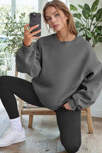 Kadın Antrasit Basic 0 Sıfır Yaka Baskısız Düz Oversize Salaş Bol Kesim Polar Sweatshirt