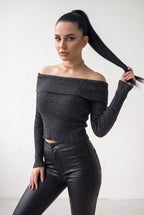 Kadın Antrasit Madonna Yarı Crop Fitilli Bluz Kazak