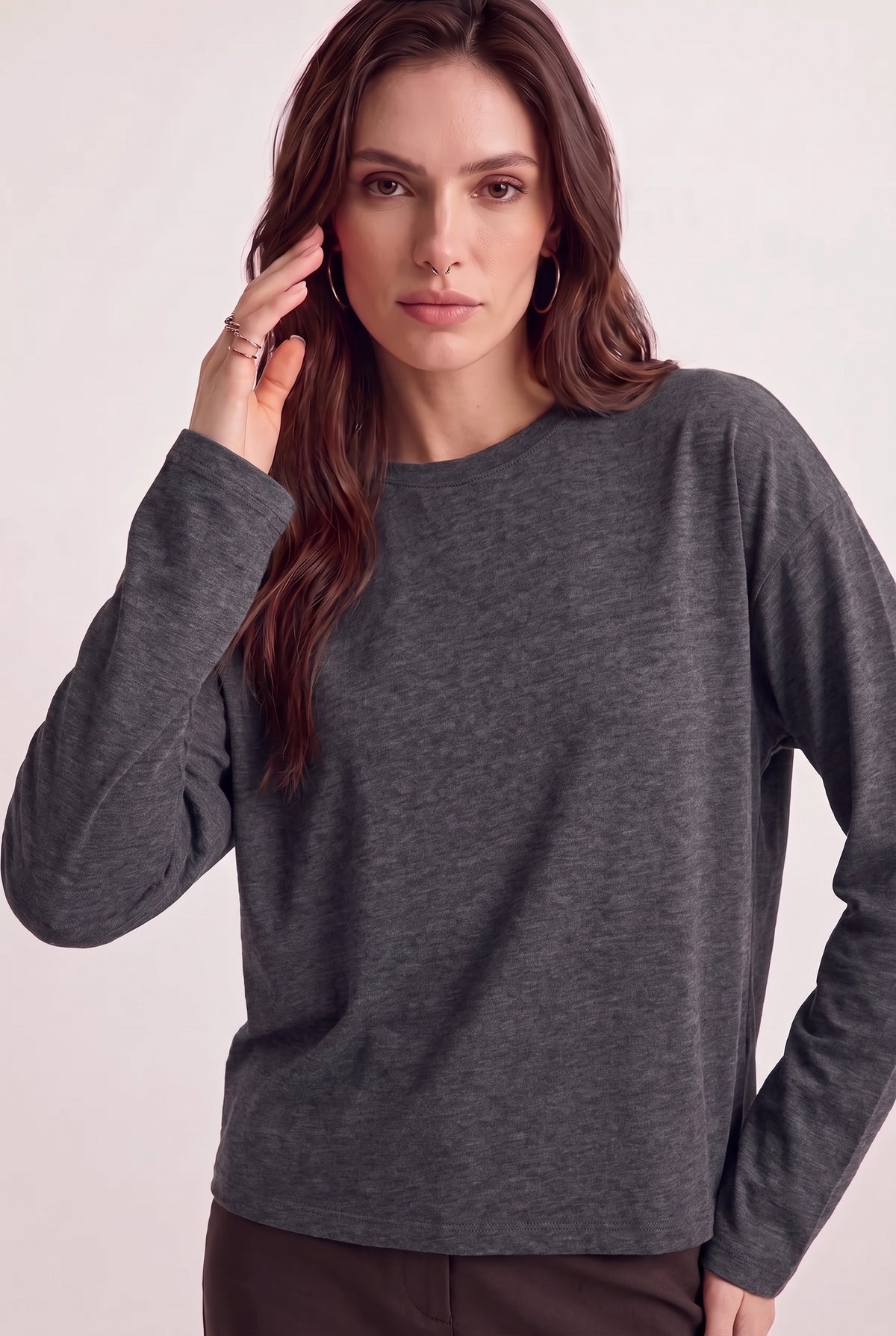 Kadın Antrasit Melanj T-shirt Geniş Kol Bisiklet Yaka Uzun Kollu Tişört