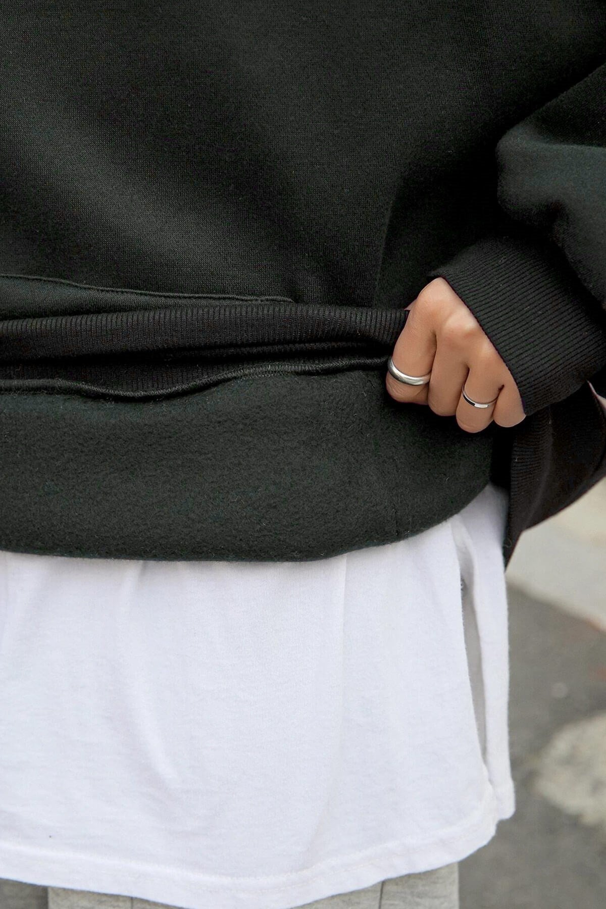 Kadın Antrasit Natural 3 iplik Şardonlu Kapüşonlu Kanguru Cepli Oversize Salaş Hoodie Sweatshirt