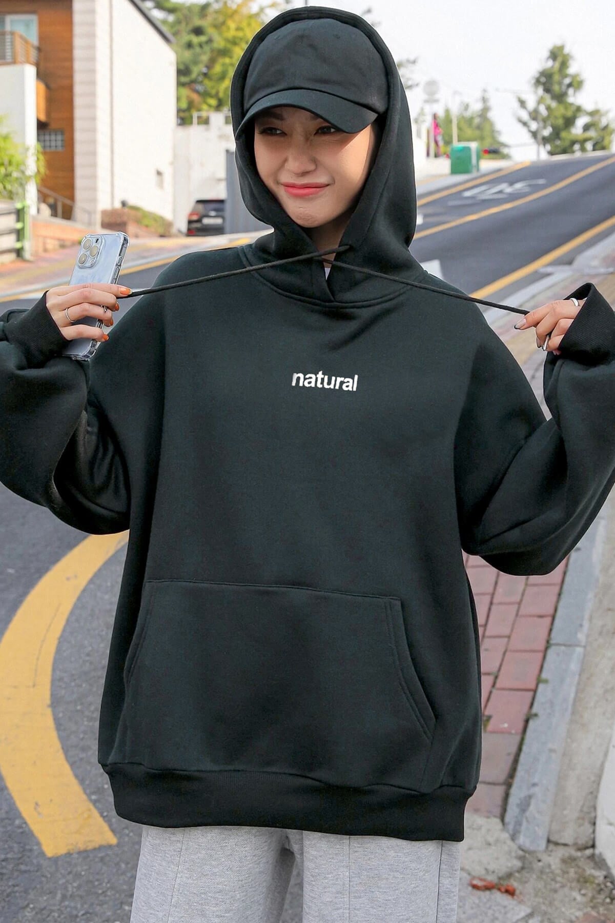 Kadın Antrasit Natural 3 iplik Şardonlu Kapüşonlu Kanguru Cepli Oversize Salaş Hoodie Sweatshirt