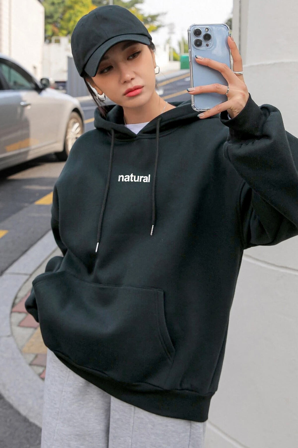 Kadın Antrasit Natural 3 iplik Şardonlu Kapüşonlu Kanguru Cepli Oversize Salaş Hoodie Sweatshirt