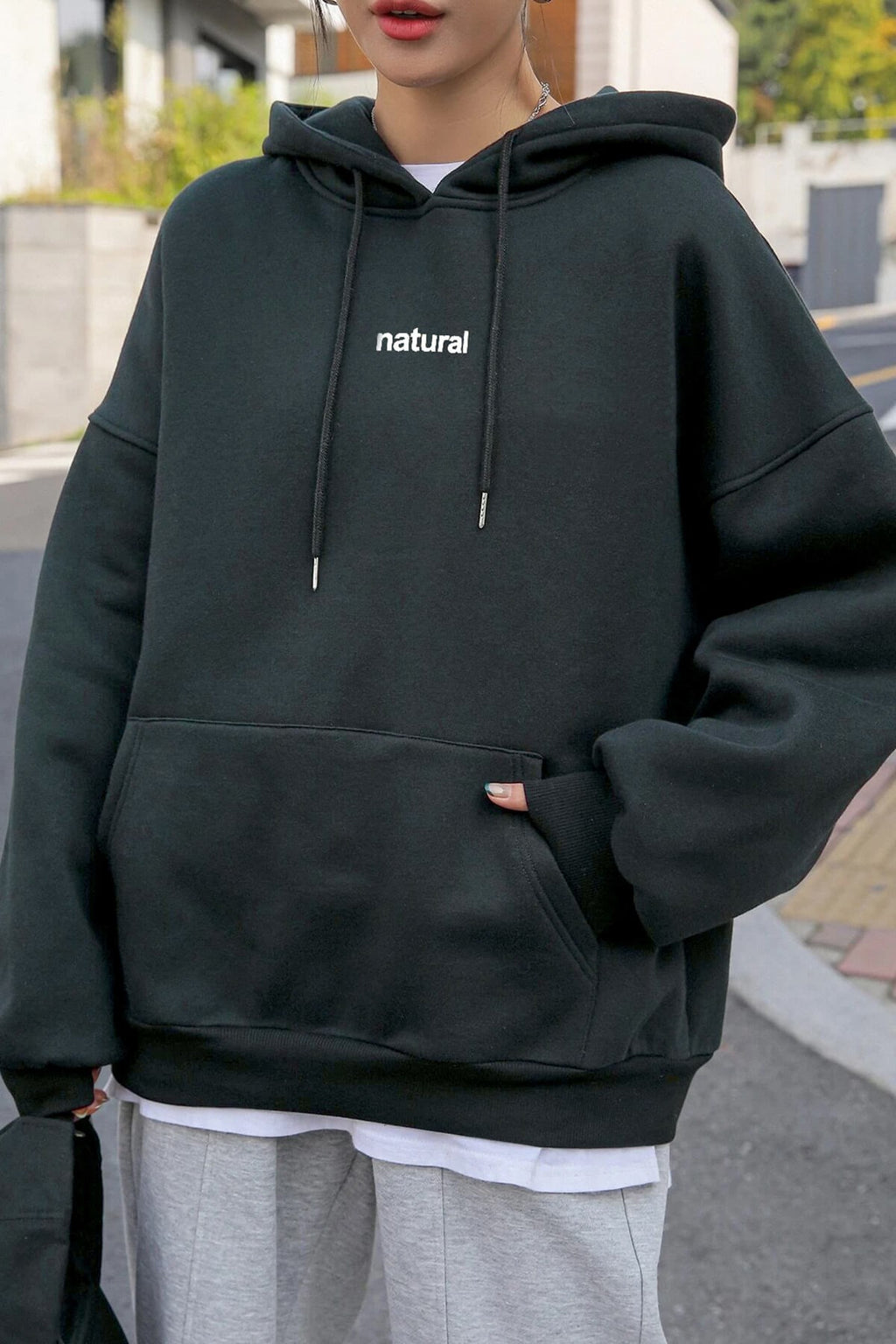 Kadın Antrasit Natural 3 iplik Şardonlu Kapüşonlu Kanguru Cepli Oversize Salaş Hoodie Sweatshirt