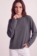 Kadın Antrasit T-shirt Geniş Kol Bisiklet Yaka Uzun Kollu Tişört