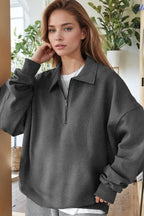 Kadın Antrasit Yarım Fermuar Polo Yaka Oversize Salaş Bol Kesim Polar Sweatshirt