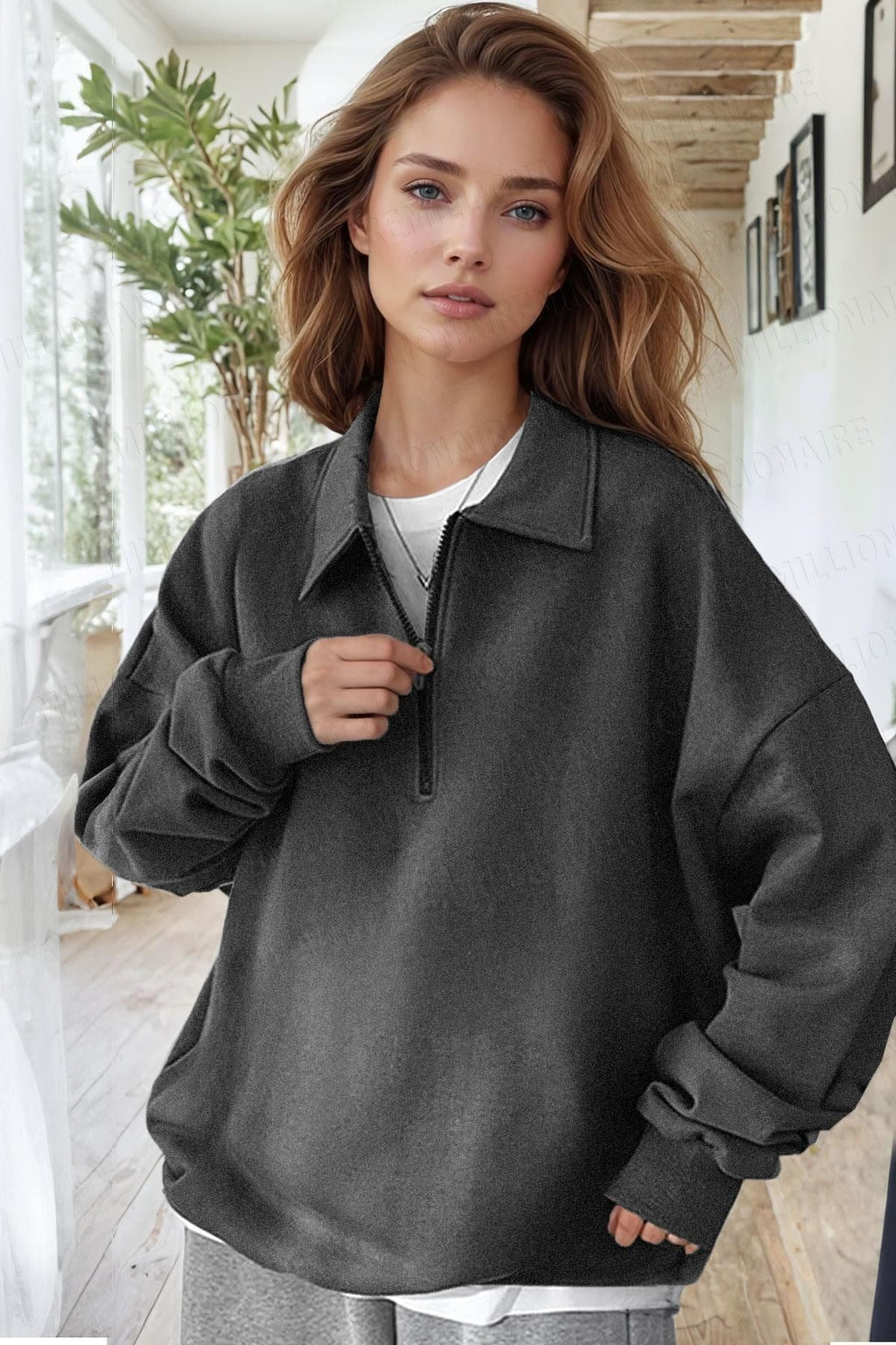 Kadın Antrasit Yarım Fermuar Polo Yaka Oversize Salaş Bol Kesim Polar Sweatshirt
