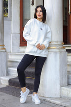 Kadın Beyaz Free Life Baskılı 0 Sıfır Yaka Oversize Salaş Bol Kesim Polar Sweatshirt