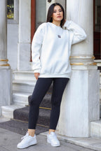Kadın Beyaz Free Life Baskılı 0 Sıfır Yaka Oversize Salaş Bol Kesim Polar Sweatshirt