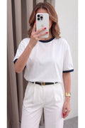 Kadın Beyaz Lacivert Biye Garnili Orta Kalın Kumaş Bisiklet Yaka Yarım Oversize Salaş T-shirt