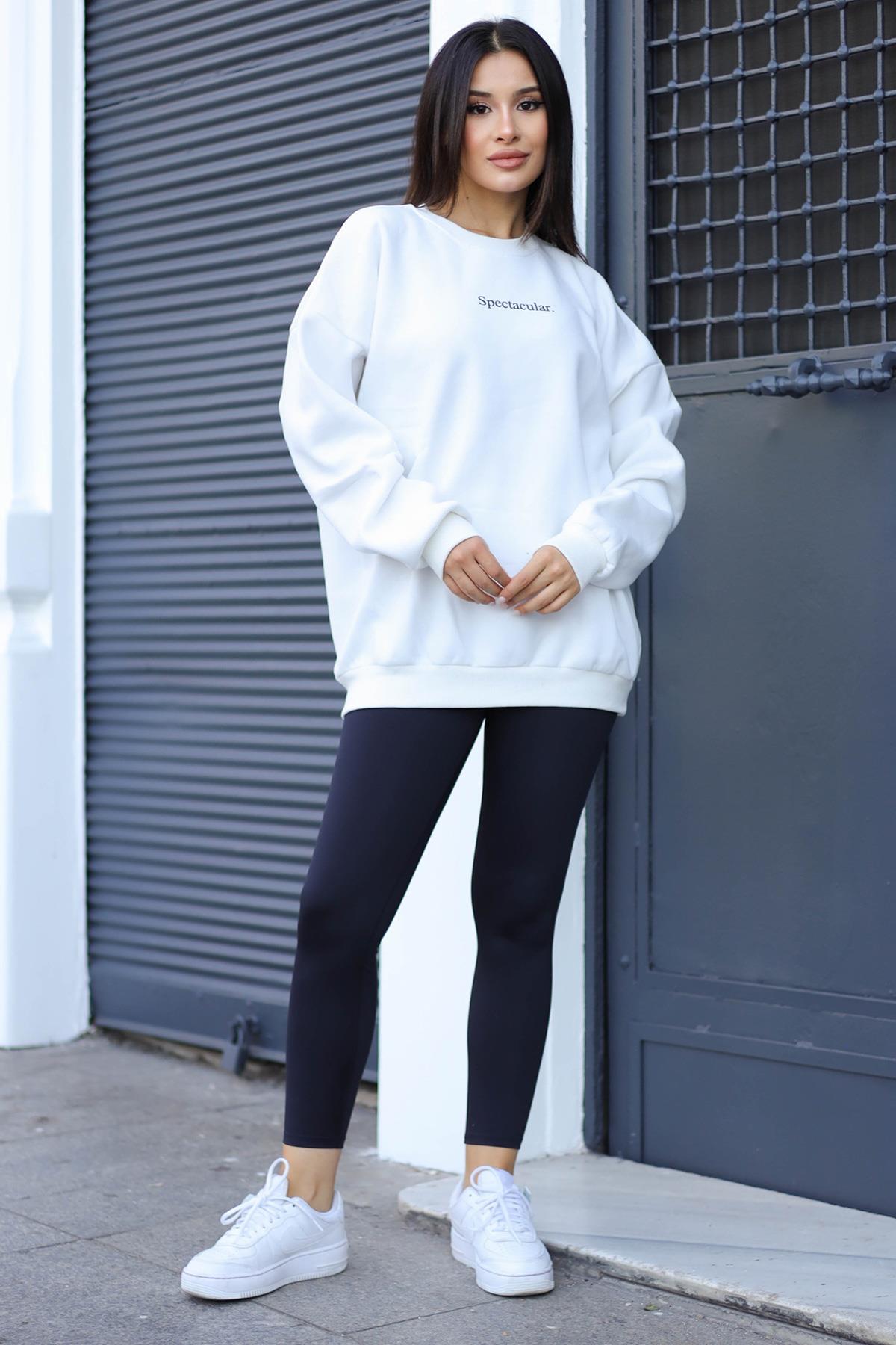 Kadın Beyaz Spectacular Baskılı 0 Sıfır Yaka Oversize Salaş Bol Kesim Polar Sweatshirt