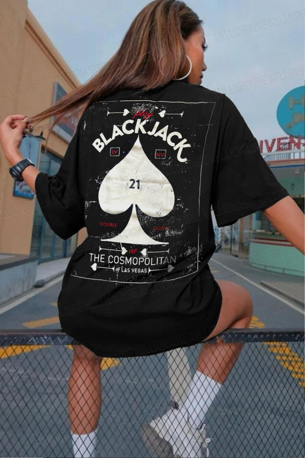 Kadın Siyah Black Jack Oversize Fit Bol Geniş Kalıp Salaş Kesim T-shirt