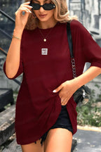 Kadın Bordo Free Life Bisiklet Yaka Oversize Salas T-Shirt