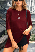 Kadın Bordo Free Life Bisiklet Yaka Oversize Salas T-Shirt