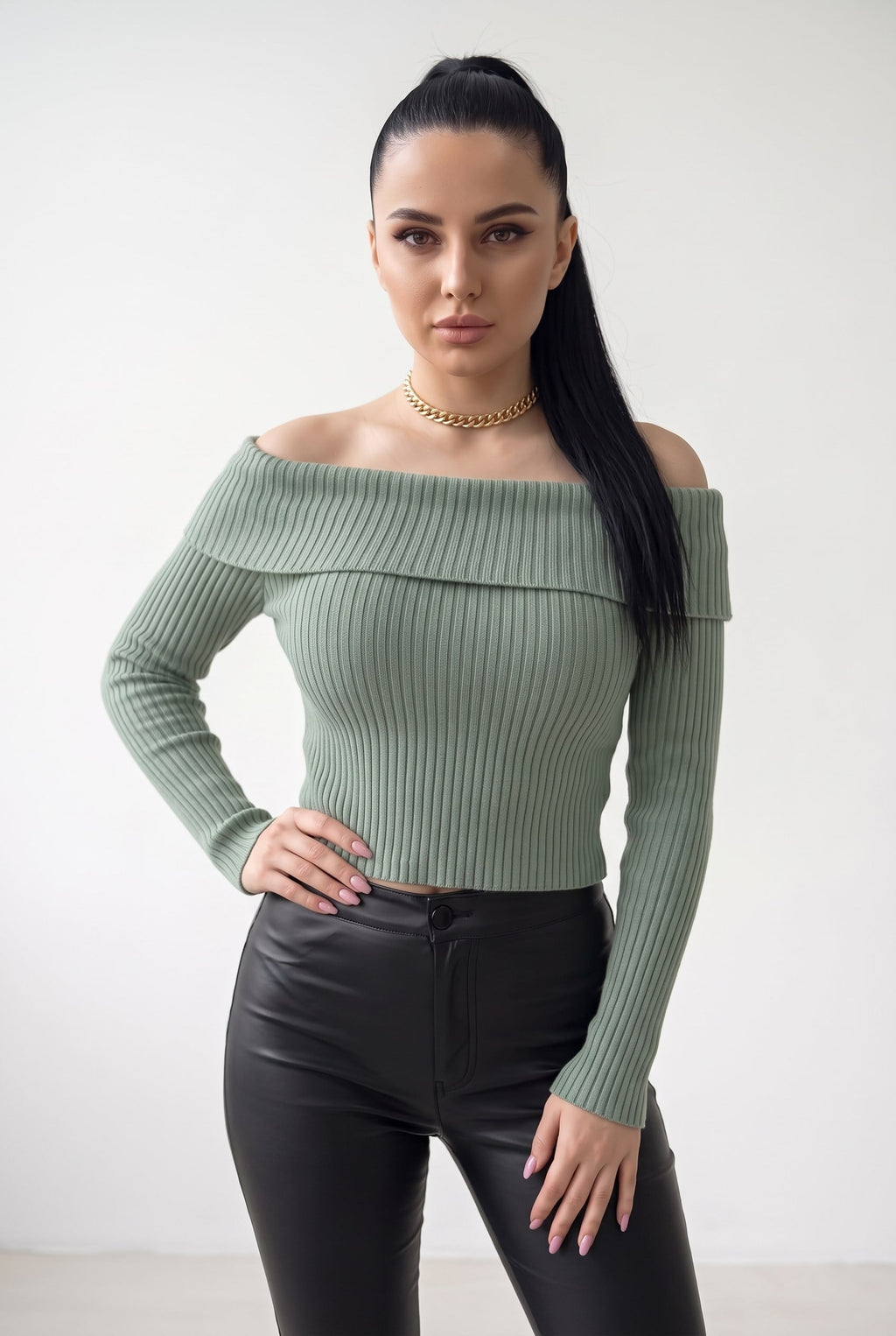 Kadın Çağla Yeşil Madonna Yarı Crop Fitilli Bluz Kazak