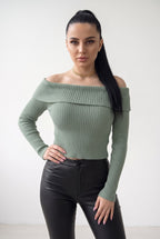 Kadın Çağla Yeşil Madonna Yarı Crop Fitilli Bluz Kazak