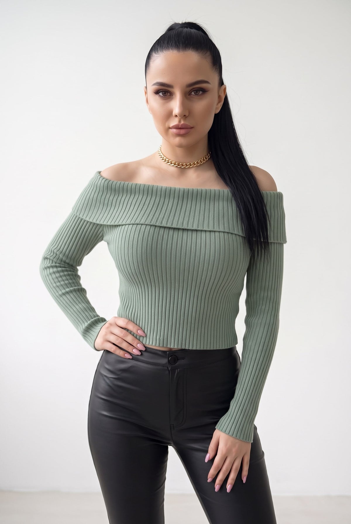Kadın Çağla Yeşil Madonna Yarı Crop Fitilli Bluz Kazak