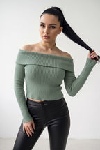 Kadın Çağla Yeşil Madonna Yarı Crop Fitilli Bluz Kazak