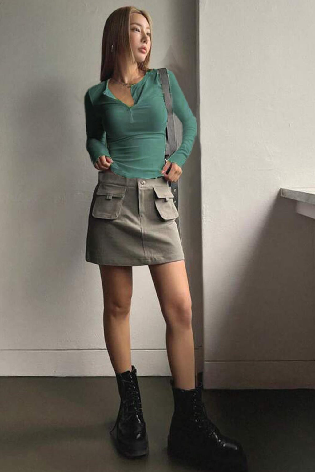 Kadın Çağla Yeşili Düğme Detaylı Patlı Düğmeli Bisiklet Yaka Uzun Kollu Fitilli Kaşkorse Bluz Body