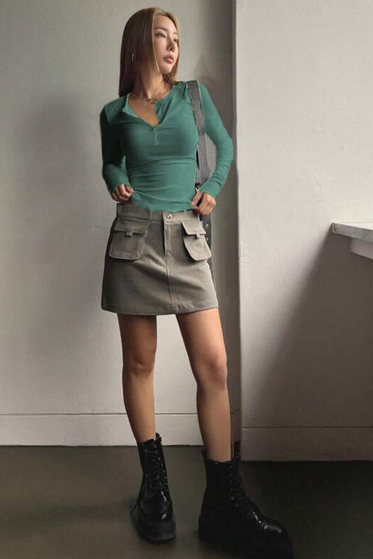 Kadın Çağla Yeşili Düğme Detaylı Patlı Düğmeli Bisiklet Yaka Uzun Kollu Fitilli Kaşkorse Bluz Body