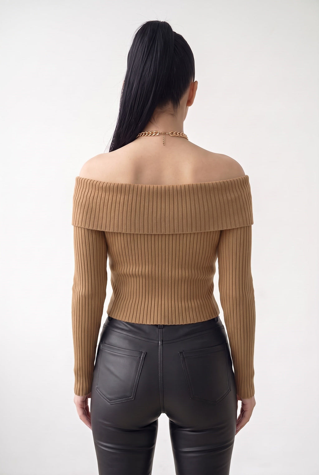 Kadın Camel Madonna Yarı Crop Fitilli Bluz Kazak