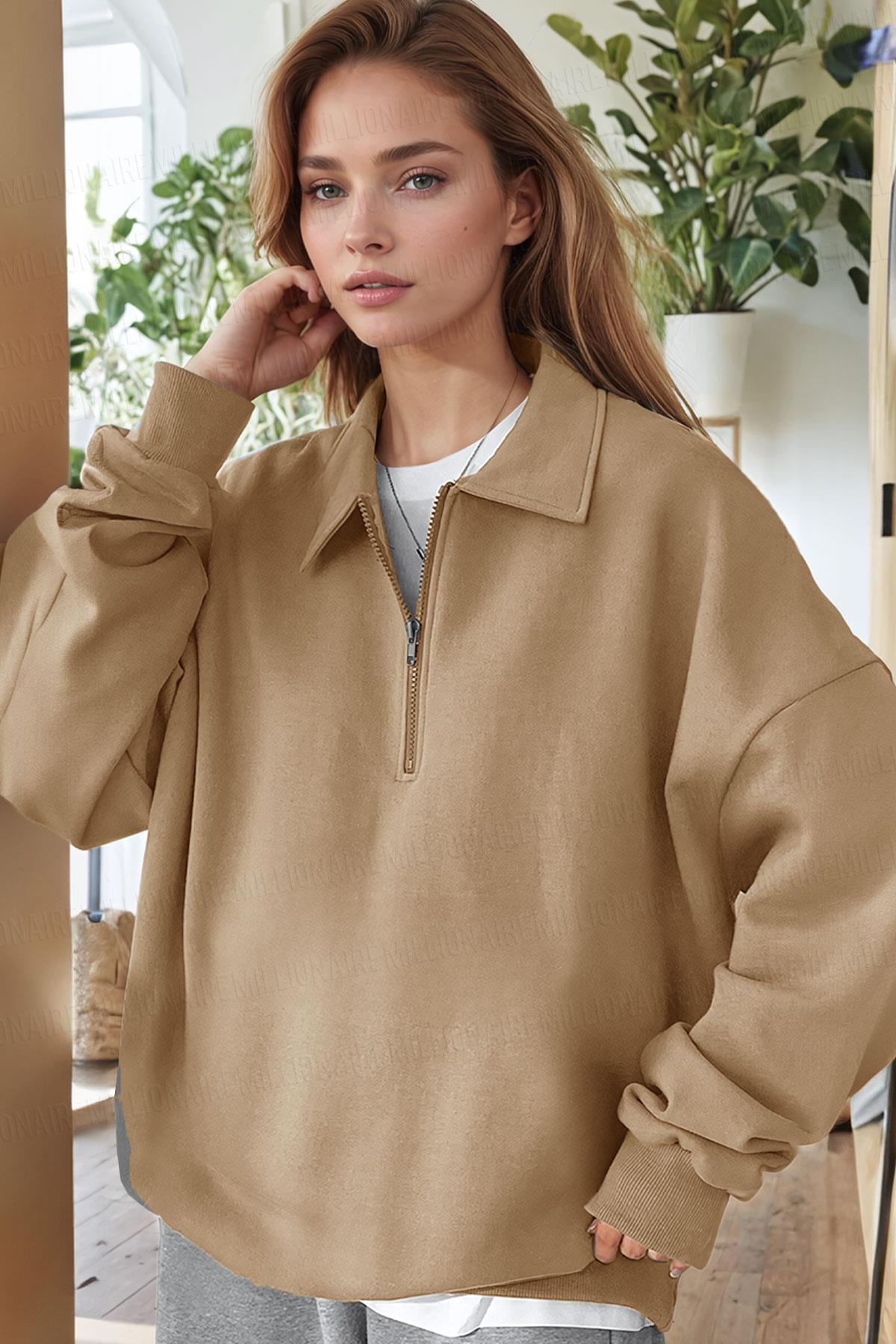Kadın Camel Yarım Fermuar Polo Yaka 3 İplik İçi Polarlı Şardonlu Oversize Sweatshirt