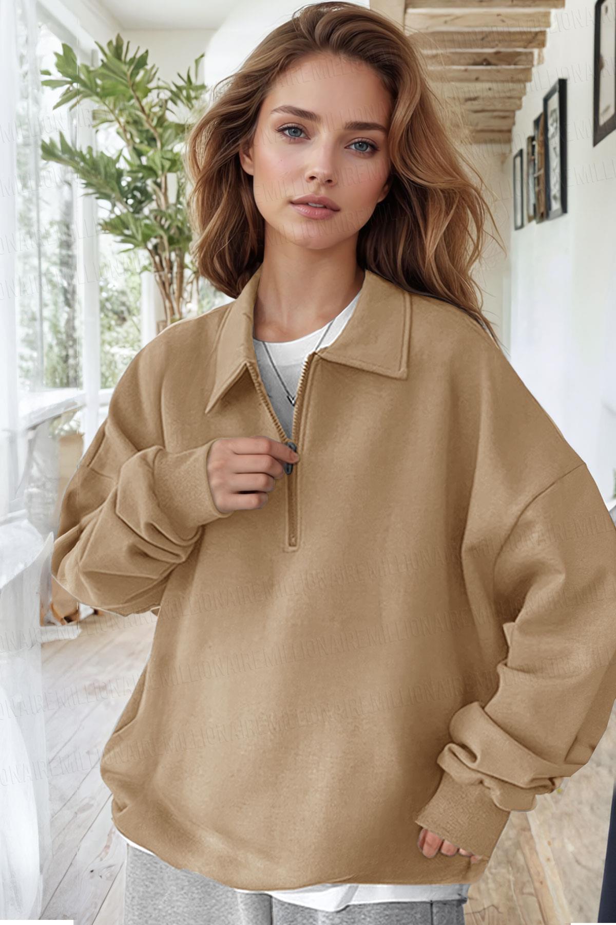 Kadın Camel Yarım Fermuar Polo Yaka 3 İplik İçi Polarlı Şardonlu Oversize Sweatshirt