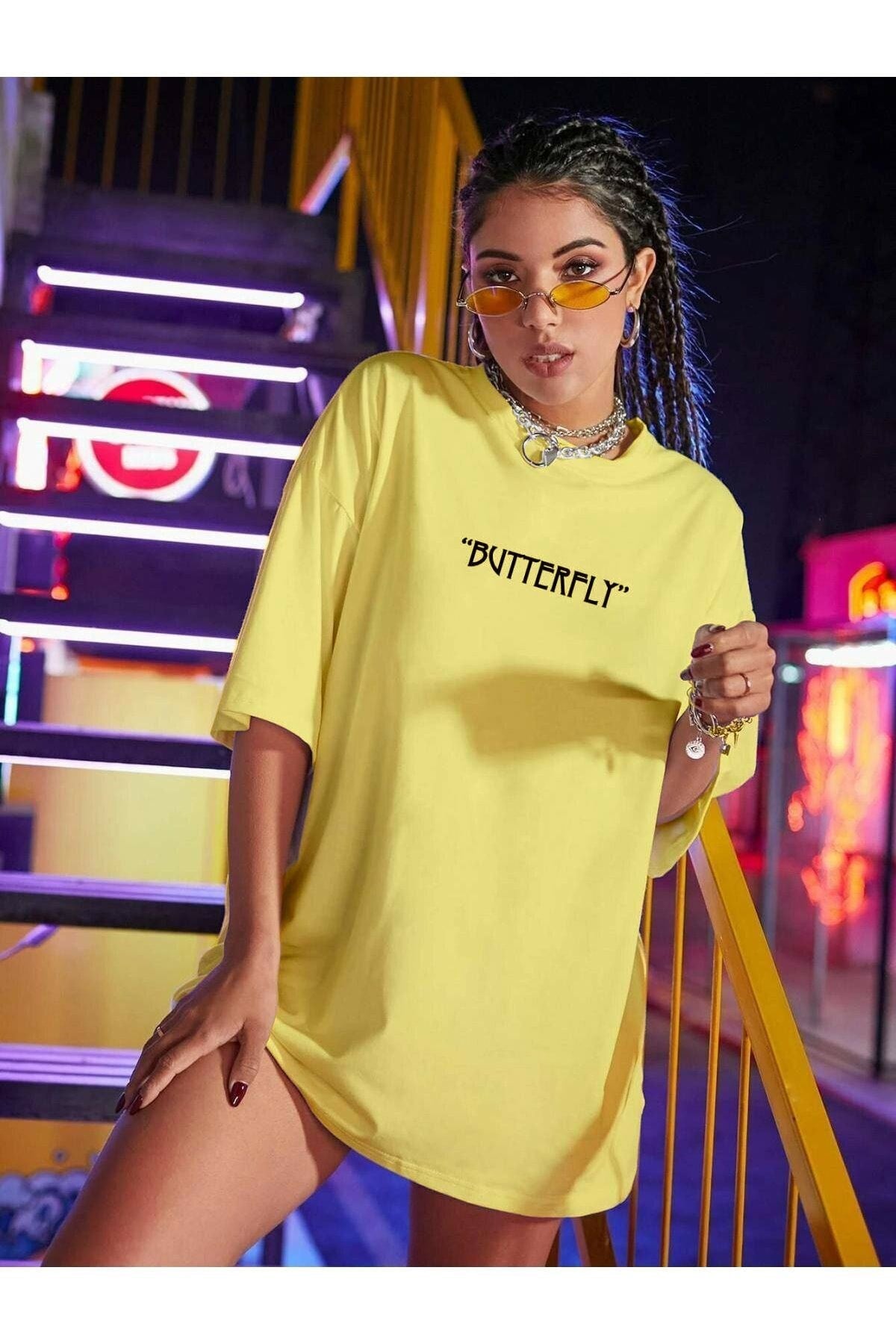 Kadın Civciv Sarısı Butterfly Oversize T-shirt