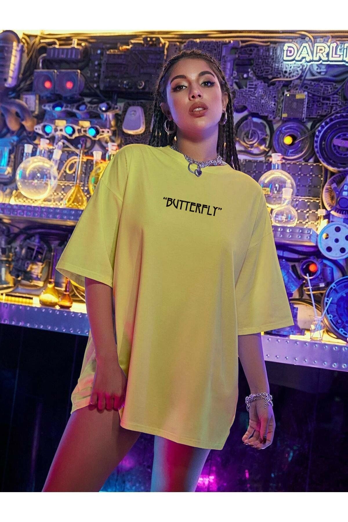Kadın Civciv Sarısı Butterfly Oversize T-shirt
