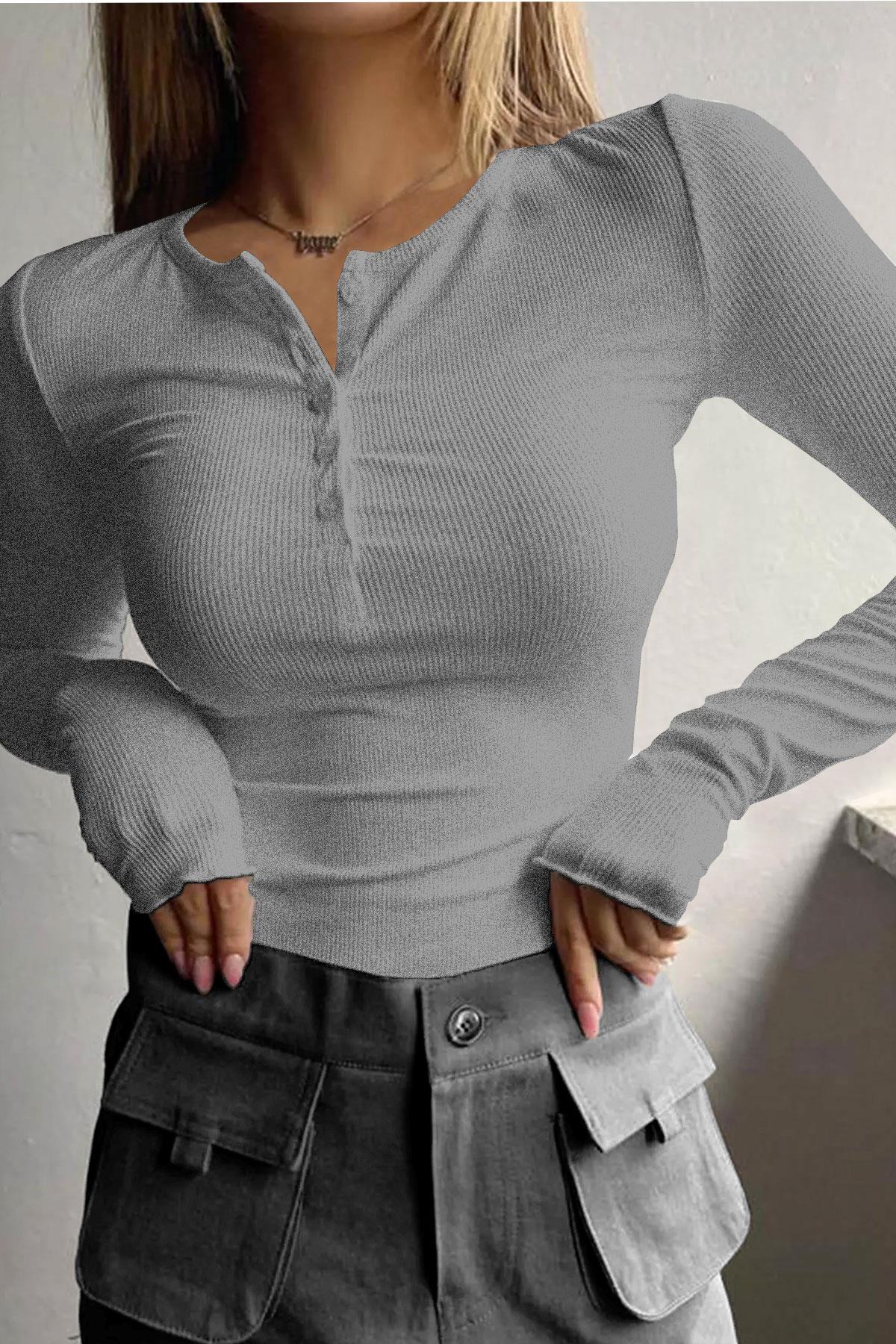 Kadın Gri Düğme Detaylı Patlı Düğmeli Bisiklet Yaka Uzun Kollu Fitilli Kaşkorse Bluz Body