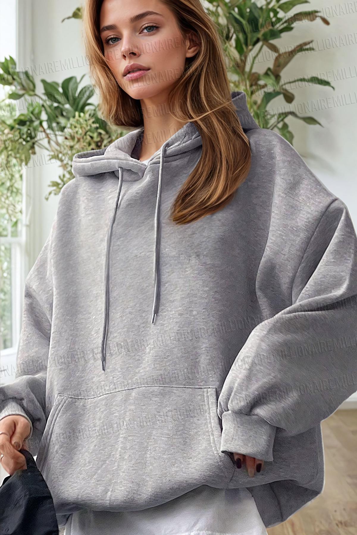Kadın Gri Düz Kapüşonlu Oversize 3 iplik Şardonlu Salaş Bol Kesim Hoodie Sweatshirt