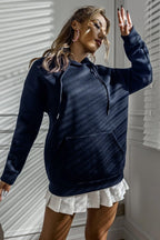 Kadın Düz Lacivert Oversize Kapüşonlu Kanguru Sweatshirt