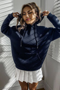 Kadın Düz Lacivert Oversize Kapüşonlu Kanguru Sweatshirt