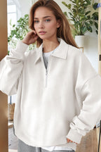 Kadın Ekru Kırık Beyaz Yarım Fermuar Polo Yaka 3 İplik İçi Polarlı Şardonlu Oversize Sweatshirt