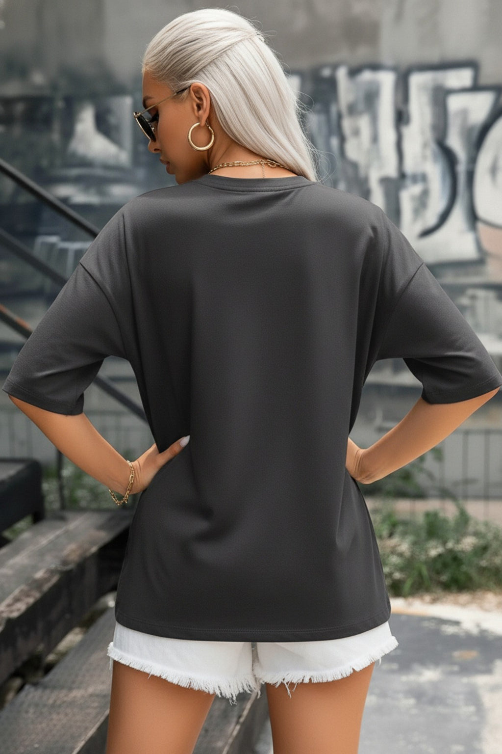 Kadın Füme Geyik Oversize Salas Boyfriend T-shirt