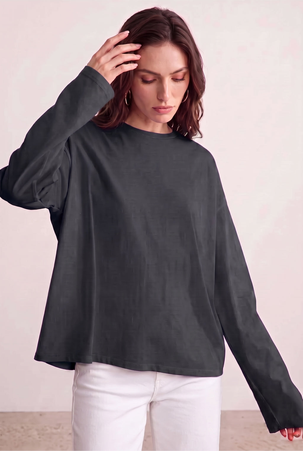 Kadın Füme T-shirt Geniş Kol Bisiklet Yaka Uzun Kollu Tişört