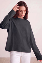 Kadın Füme T-shirt Geniş Kol Bisiklet Yaka Uzun Kollu Tişört