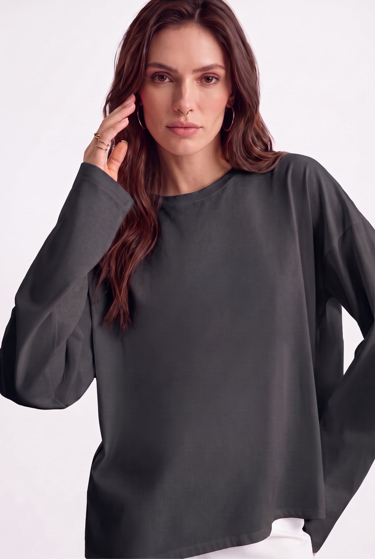 Kadın Füme T-shirt Geniş Kol Bisiklet Yaka Uzun Kollu Tişört