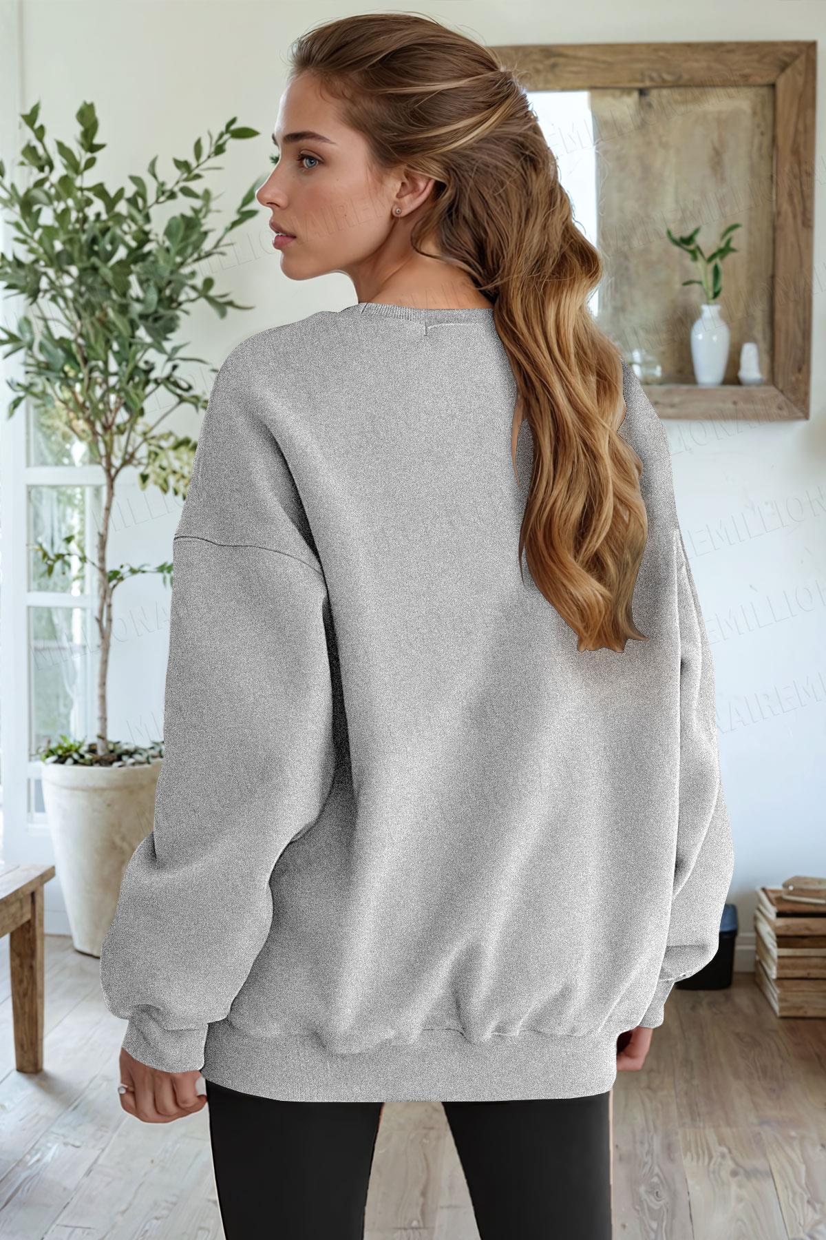 Kadın Gri Free Life Baskılı 0 Sıfır Yaka Oversize Salaş Bol Kesim Polar Sweatshirt