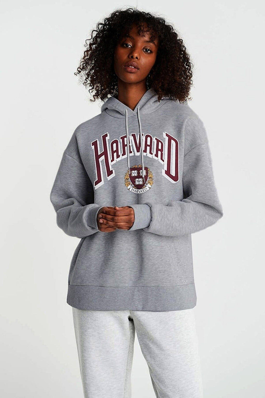 Kadın Gri Melange Harvard Oversize Kapüşonlu Kanguru Sweatshirt
