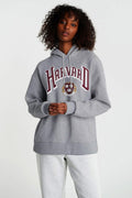 Kadın Gri Melange Harvard Oversize Kapüşonlu Kanguru Sweatshirt