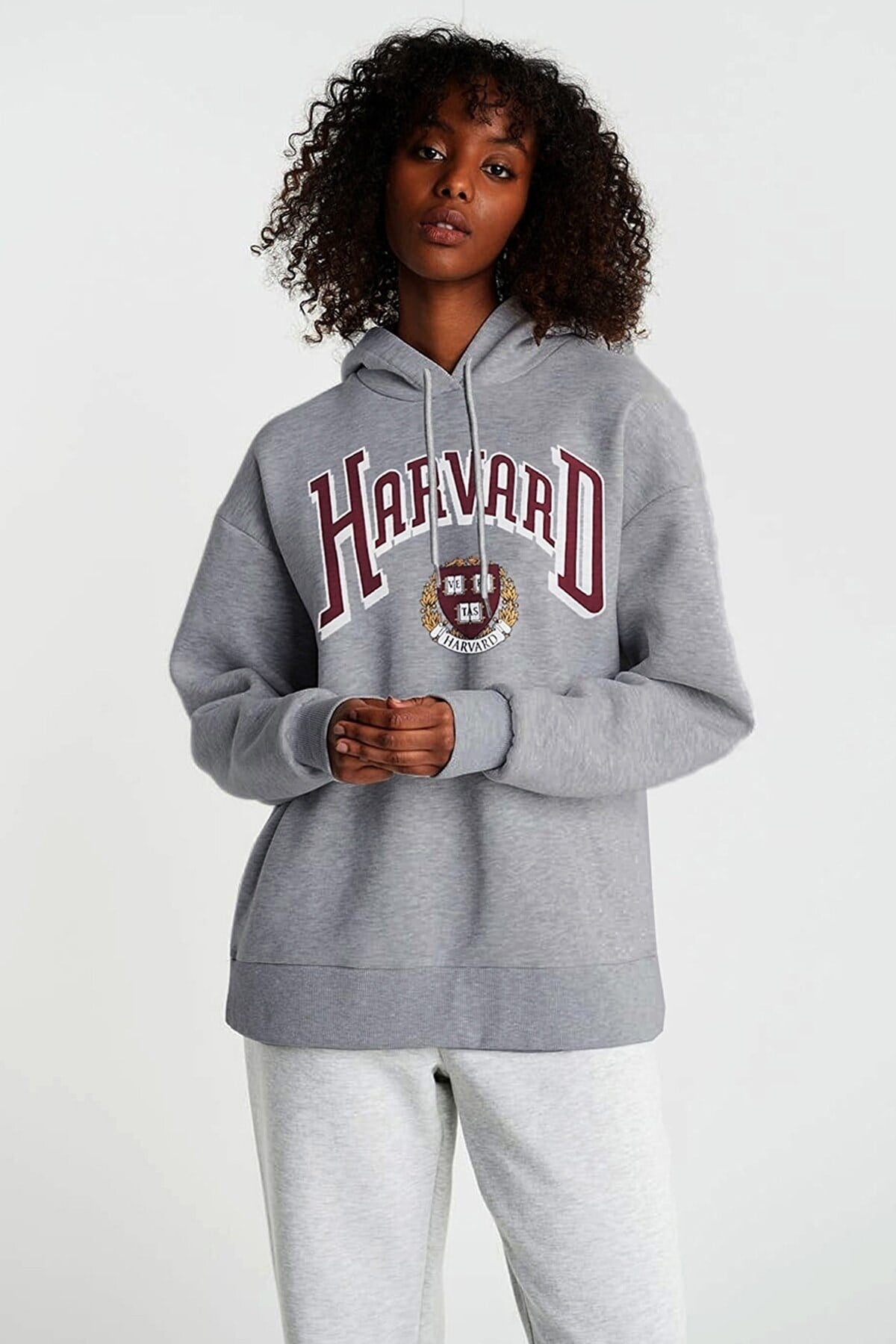 Kadın Gri Melange Harvard Oversize Kapüşonlu Kanguru Sweatshirt