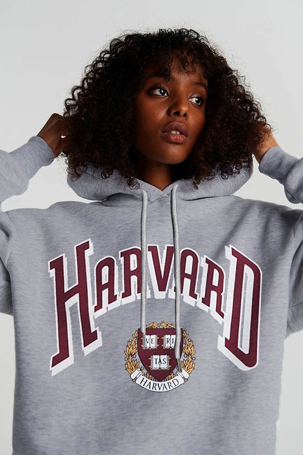 Kadın Gri Melange Harvard Oversize Kapüşonlu Kanguru Sweatshirt
