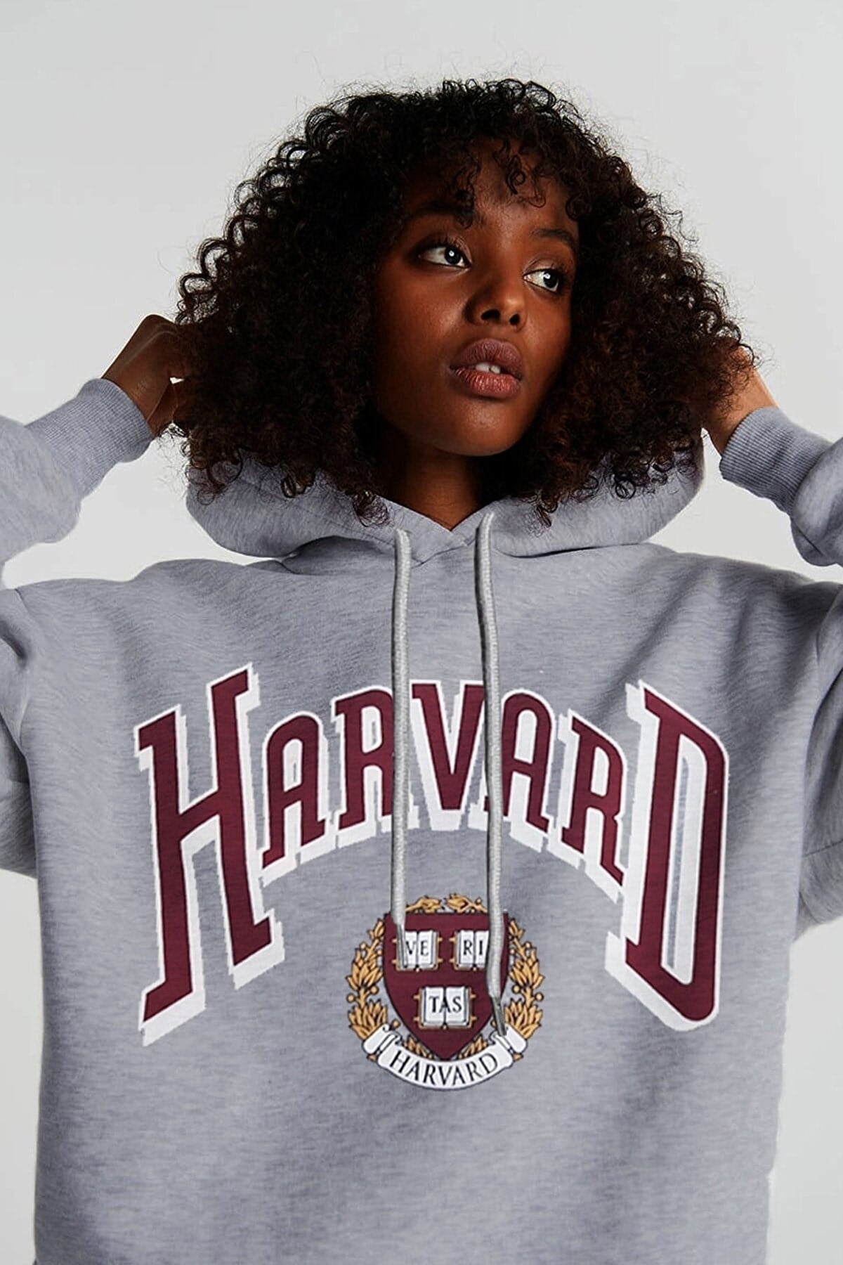 Kadın Gri Melange Harvard Oversize Kapüşonlu Kanguru Sweatshirt