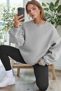 Kadın Gri Melanj Basic 0 Sıfır Yaka Baskısız Düz Oversize Salaş Bol Kesim Polar Sweatshirt