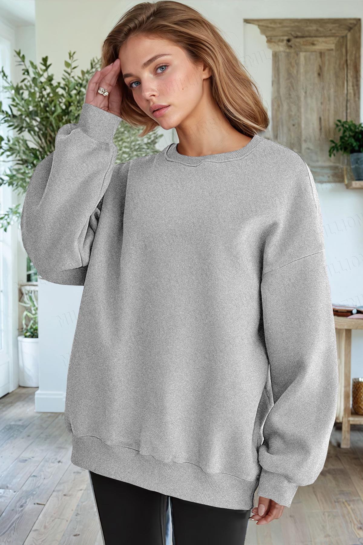 Kadın Gri Melanj Basic 0 Sıfır Yaka Baskısız Düz Oversize Salaş Bol Kesim Polar Sweatshirt