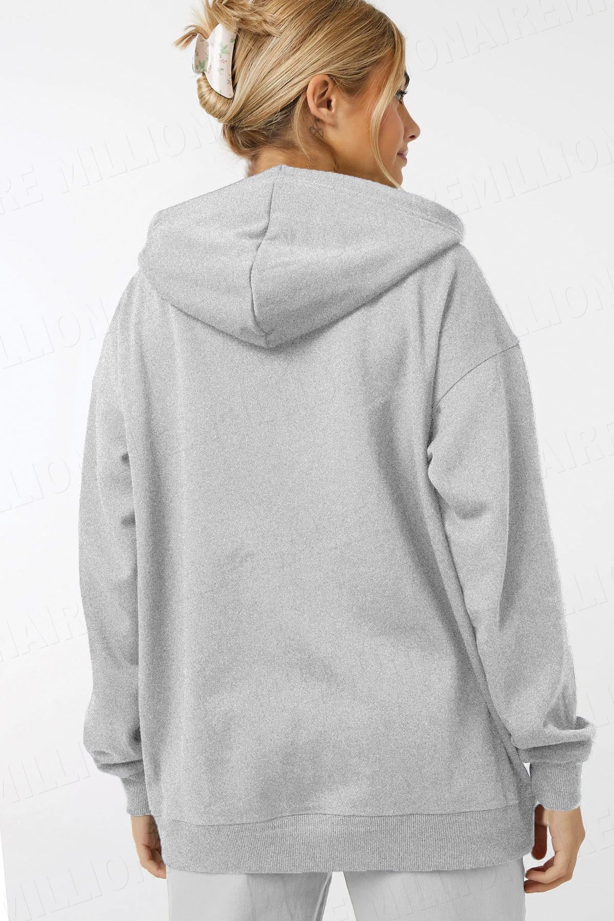Kadin Gri Melanj Kapüşonlu Fermuarlı 3 Üç İplik Polar Kanguru Oversize Sweatshirt Zip Up Hoodie